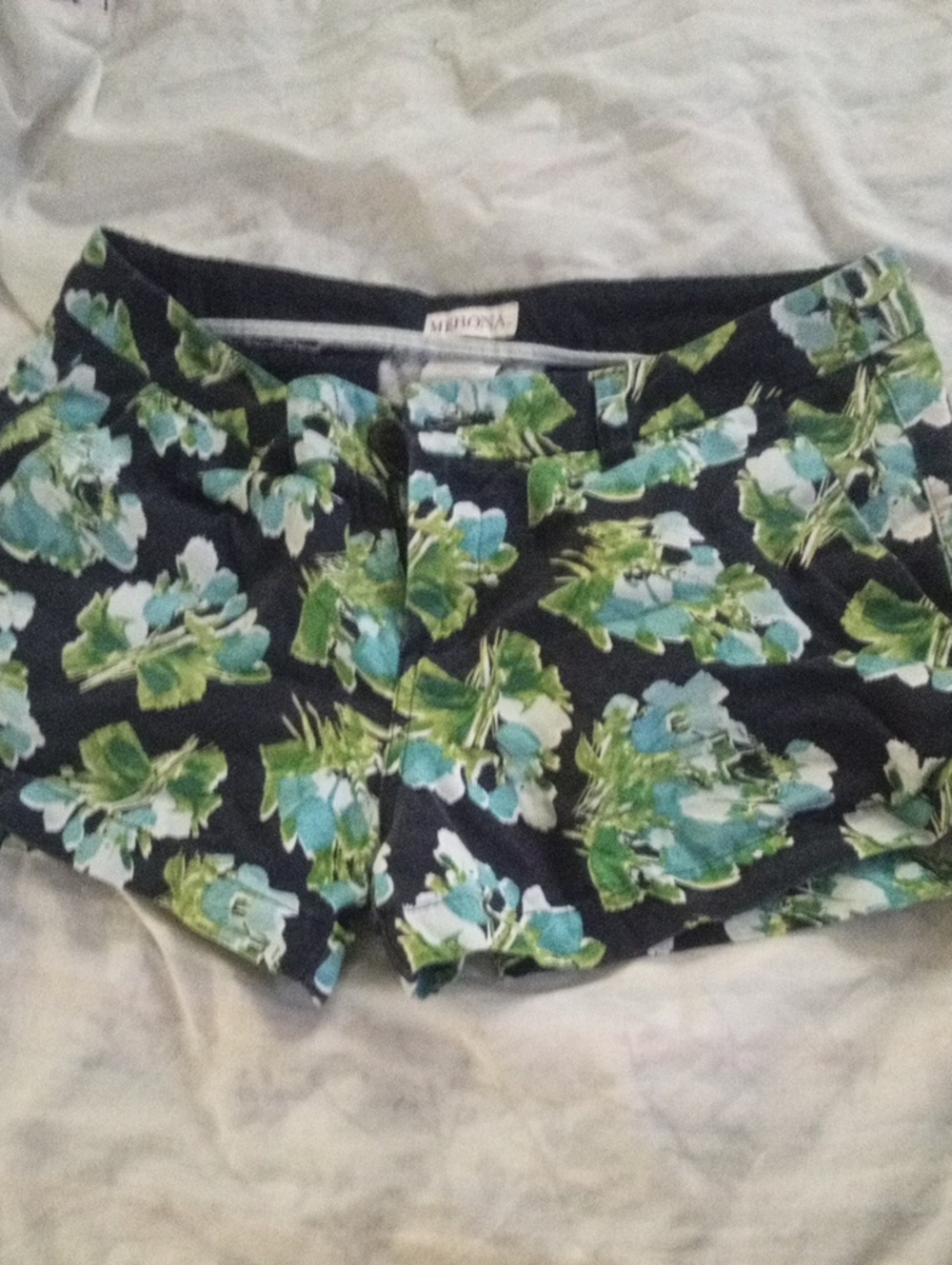 Merona Black High-Waist Floral Print Shorts with Green & Blue Flowers